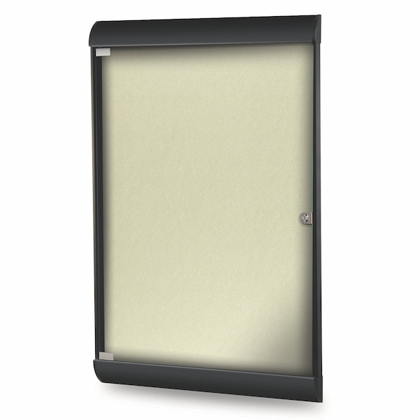 Enclosed Bulletin Board, 1 Door, Vinyl, Black Frame, 4 ft H x 2 ft W, Caramel